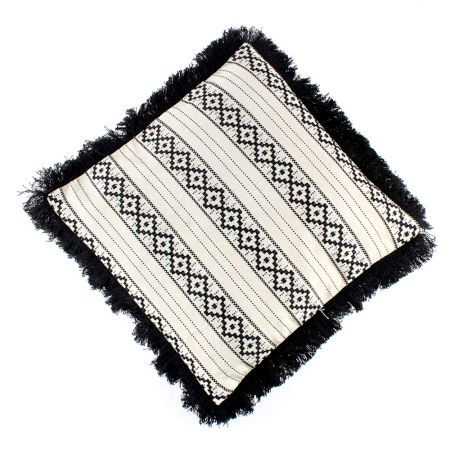 Black And White Cushion Cover With Blue Fringe On Border