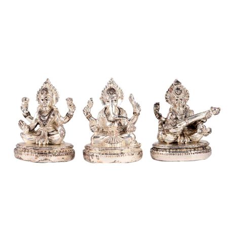 Copper Idols Of Goddess Saraswati Lakshmi and Lord Ganesh In Silver Finish