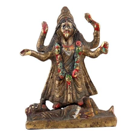 Handmade Golden Multicolored Brass Kali Statue Bengal Art