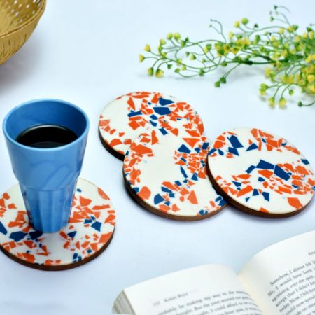 Rust Neutrals Round Terrazzo Style Coasters Made With Wood And Resin Set Of 4