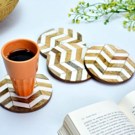 Round Wooden Coasters with White Resin Inlay Geometric Design-Set of 4