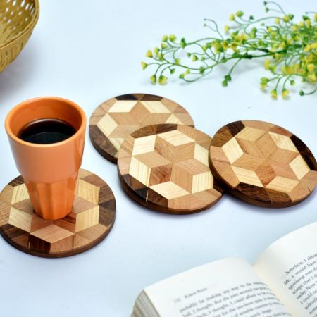 Floral Wood and Resin Coasters In Set of 4