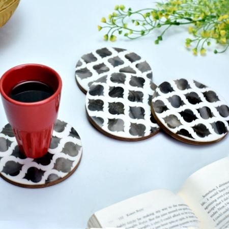 Moroccan Art Grey And White Wood And Resin Coaster Set Of 4
