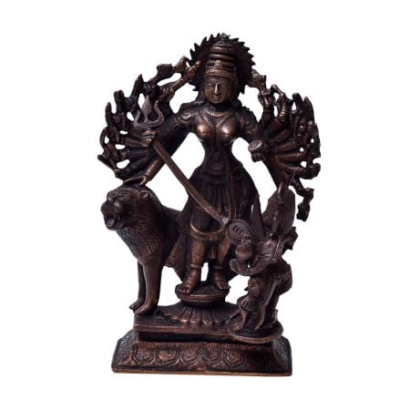 Copper Statue Of Goddess Durga Killing Mahishasur In Dark Finish
