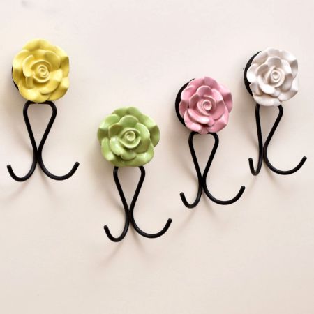 Ceramic Multicolor Flower Wall Hook for Hanging - Set of 4