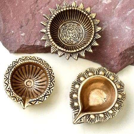 Brass Diyas for Diwali Decoration Designer Oil Lamp Pack of 3