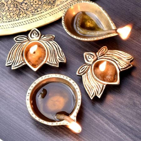 Designer Golden Brass Oil Lamp Decorative Diwali Deepam Pack of 4