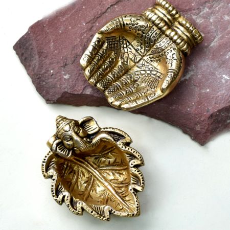 Golden Sankh and Hands Brass Oil Lamp Diwali Diya Gifts Worship Decoration Pack of 2