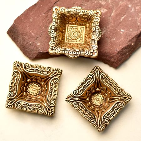 Brass Carved Square Shaped Oil Lamp Diwali  Festival Decoration Diya Pack of 3