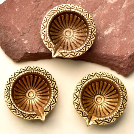 Tribal Design Round Brass Diwali Diya Pack of 3
