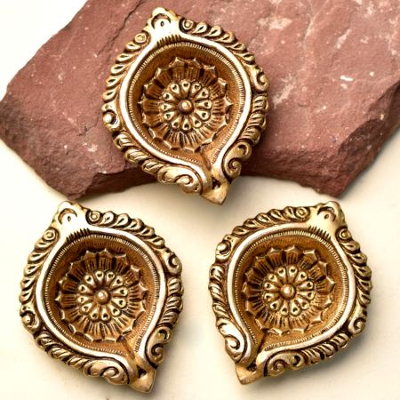 Designer Round Brass Oil Lamp Festive Diyas Pack of 3