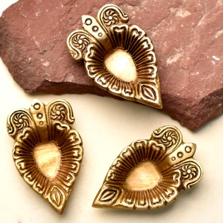 Brass Leaf Shape Diwali Diya with Intricate Design Pack of 3