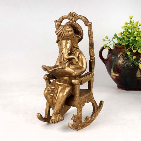 Vintage Brass Lord Ganesha Sitting on Moveable Chair Statue