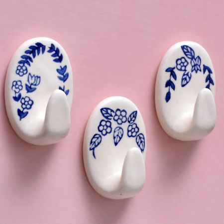 Ceramic Blue White Adhesive Hook - Pack of 3