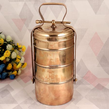 Vintage Brass Tiffin Box with Four Compartments for Decor