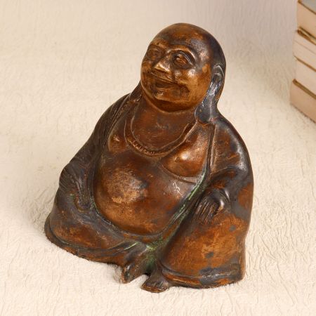Antique Brown Brass Statue of Laughing Buddha for Decor