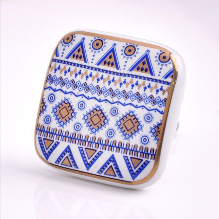 Blue Border Design Square Ceramic Cabinet Knob