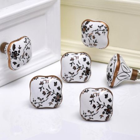 Golden Leaf Flower Square Ceramic Dresser Knob - Pack of 6