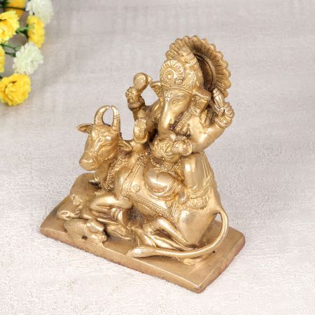 Antique Golden Brass Statue of Lord Ganesha with Nandi & Mushak