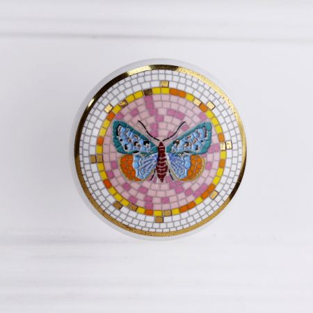 Handcrafted Multicolor Butterfly Ceramic furniture Knob With Gold Work