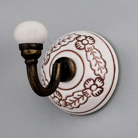 White With Brown Leaf Etched Ceramic Wall Hook