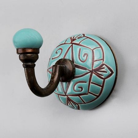 Sea Green And Brown Etched Ceramic Wall Hook