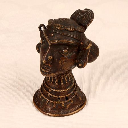 Handmade Vintage Brass Gauri Head Statue in Tribal Art