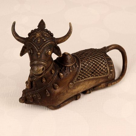 Handmade Sitting Nandi Brass Statue in Dark Finish for Decor