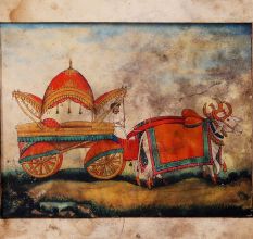 Hand Painted Vintage Paper Painting of Ox Cart in Wooden Frame