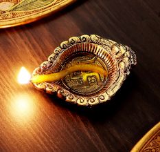 Golden Metal Swastika Oil Diya For Mandir Decoration