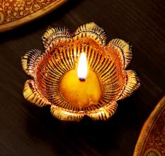 Open Flower Shape Metal Golden Diwali Diya For Mandir Decoration