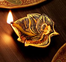 Handmade Golden Metal Ganpati on Leaf Shape Diwali Diya