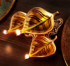 Modern Antique Golden Brass 3 Leaf Shaped Oil Lamp For Diwali Pooja