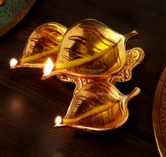 Golden Brass 3 Leaf Shaped Oil Lamp For Diwali Pooja