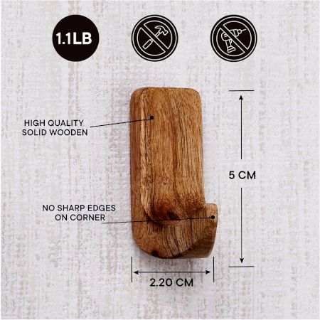 6 Pieces Small Natural Wooden No Drill Adheshive Wall Hooks