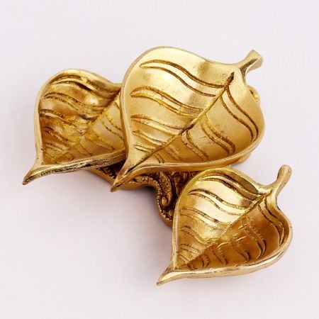 Golden Brass 3 Leaf Shaped Oil Lamp For Diwali Pooja
