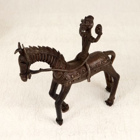 Vintage Tribal Art Brass Horse with Rider for Home Decoration