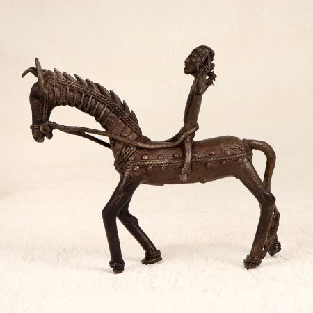 Vintage Tribal Art Brass Horse with Rider for Home Decoration
