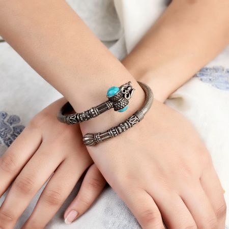 92.5 Sterling Silver BangleTrishul Damroo Turquoise Stone Designer Kada