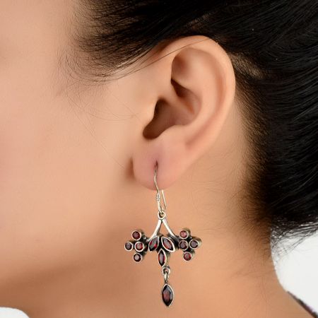 92.5 Sterling Silver Earrings Designer Red Garnet Hanging Earrings