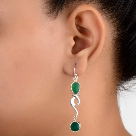 92.5 Sterling Silver Earrings Geometric Design Onyx Long Earring