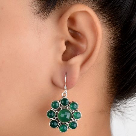 92.5 Sterling Silver Earrings Green Aventurine and Onyx Flower Earrings