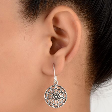 92.5 Sterling Silver Earrings Round Scroll Hanging Danglers