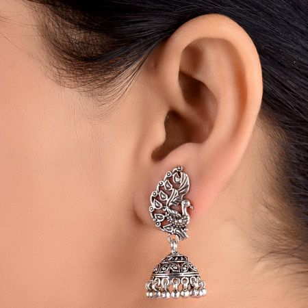 92.5 Sterling Silver Earrings Peacock Tribal Bell Dangle jhumkis