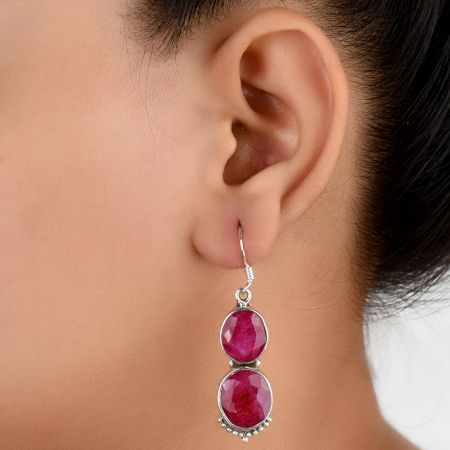 92.5 Sterling Silver Earrings Twin Round Pink Tourmaline Dangler Earrings