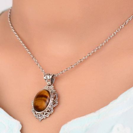 92.5 Sterling Silver Tiger Eye Stone Brown Unisex Pendant