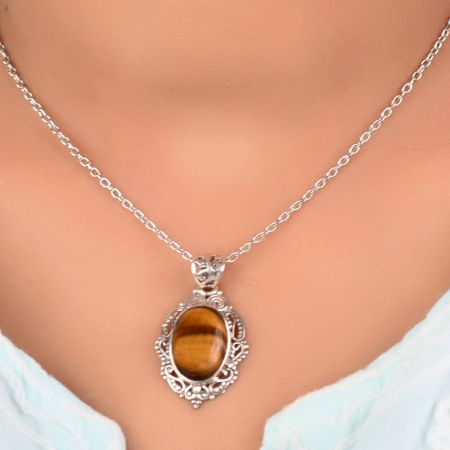92.5 Sterling Silver Tiger Eye Stone Brown Unisex Pendant