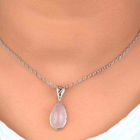92.5 Sterling Silver Pendant Rose Quartz Pear Shaped  Pendant