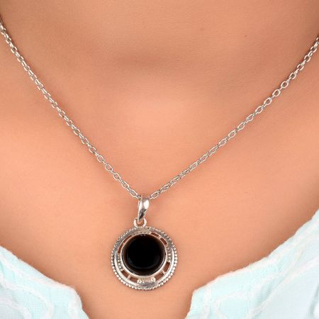 92.5 Sterling Silver Black Onyx Round Shaped Designer Pendant