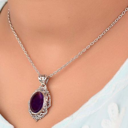 92.5 Sterling Silver Pendant Big Oval Shaped Amethyst Pendant